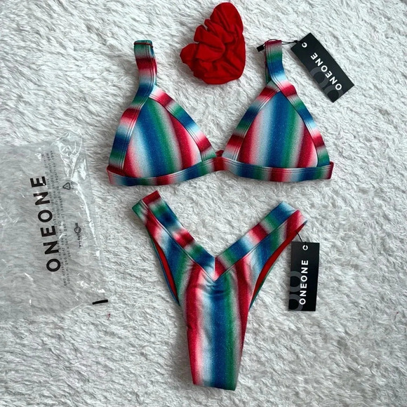 NWT OneOne Swimwear Zermatt Bikini SET New Small Jesse Kameron Green Blue Red - Picture 1 of 6